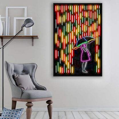 Banksy Girl With Umbrella In Colorful Rain, Framed Canvas Print, Floating Frame, Luxury Wall Art Decor
