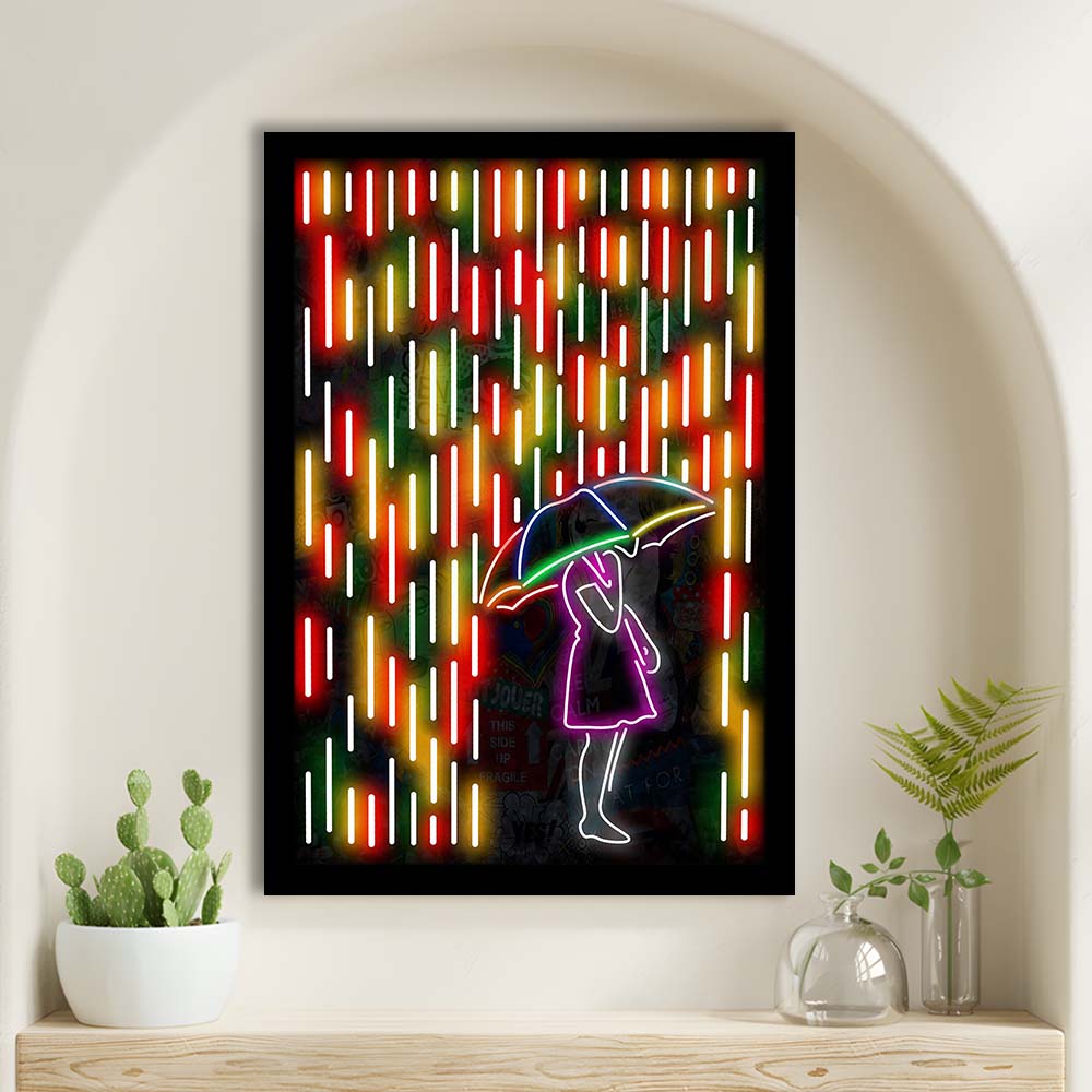 Banksy Girl With Umbrella In Colorful Rain, Framed Art Print, Picture Framed Wall Art Decor