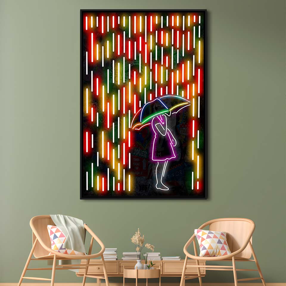 Banksy Girl With Umbrella In Colorful Rain, Framed Canvas Print, Floating Frame, Luxury Wall Art Decor