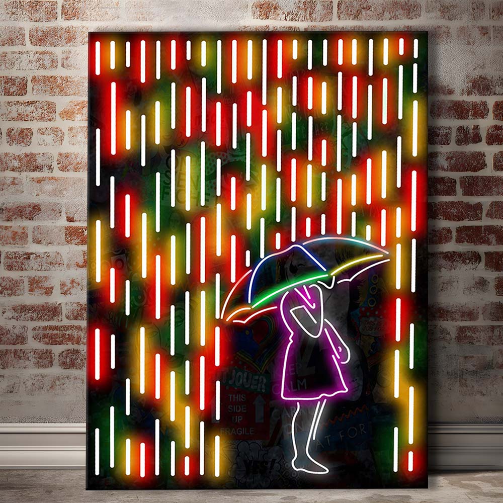 Banksy Girl With Umbrella In Colorful Rain, Canvas Print, Luxury Wall Art Decor, Modern Art