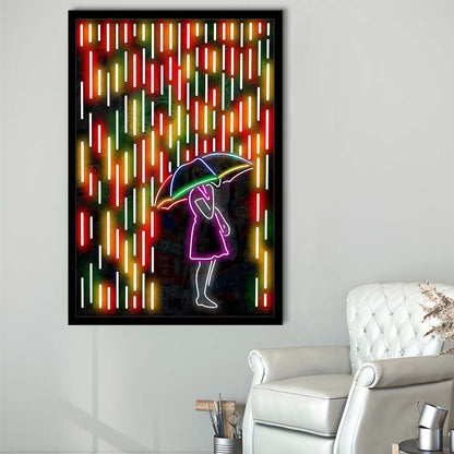 Banksy Girl With Umbrella In Colorful Rain, Framed Art Print, Picture Framed Wall Art Decor