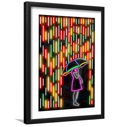 Banksy Girl With Umbrella In Colorful Rain, Framed Art Print, Luxury Pictures Framed, White Border