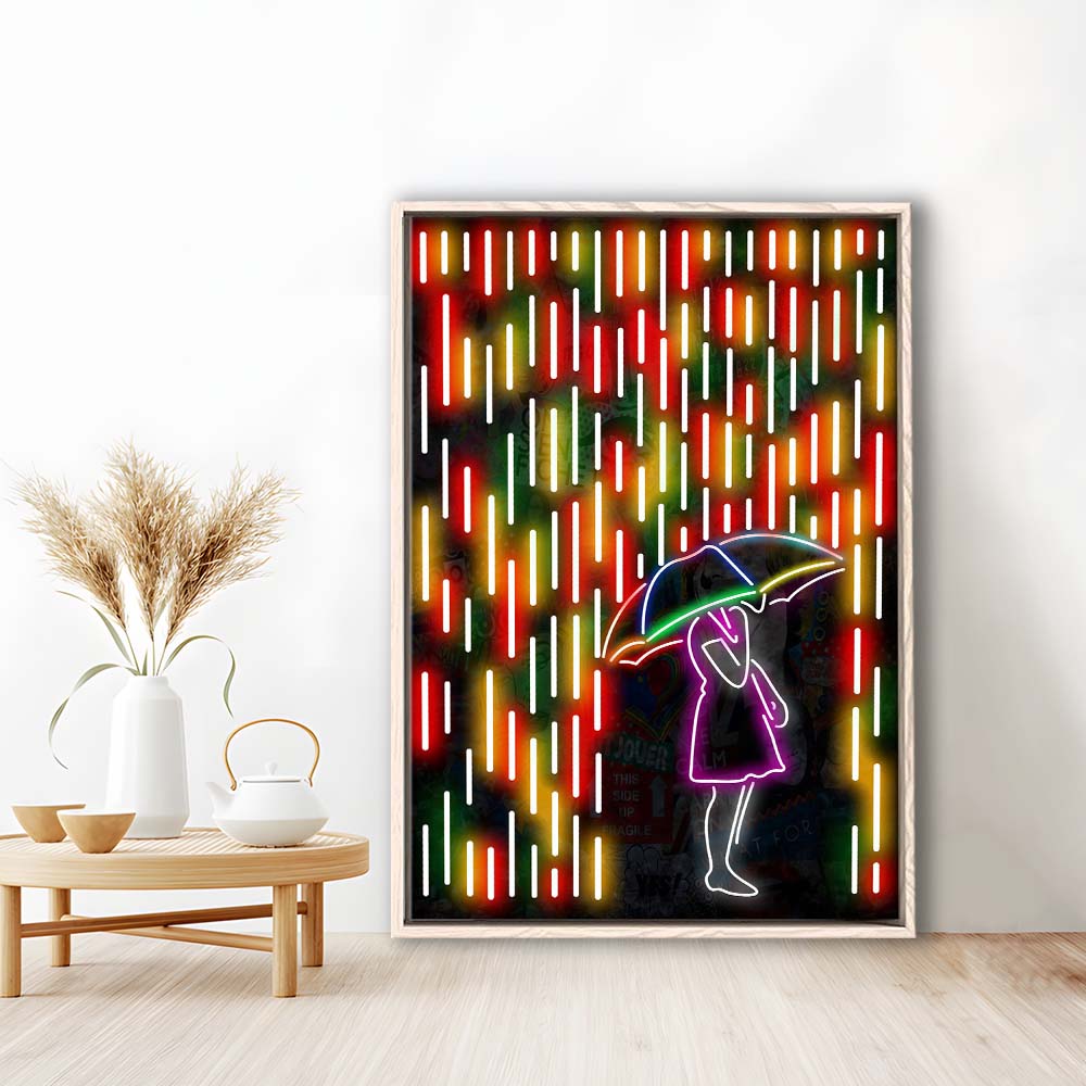 Banksy Girl With Umbrella In Colorful Rain, Framed Canvas Print, Floating Frame, Luxury Wall Art Decor