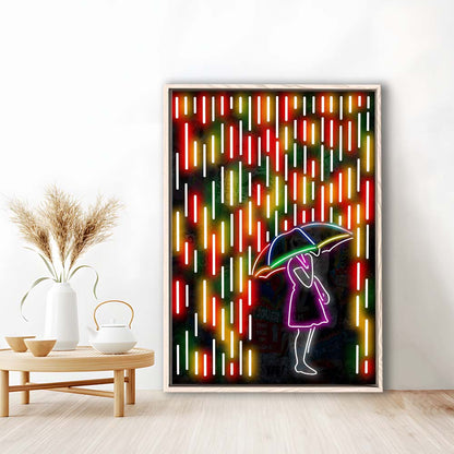 Banksy Girl With Umbrella In Colorful Rain, Framed Canvas Print, Floating Frame, Luxury Wall Art Decor