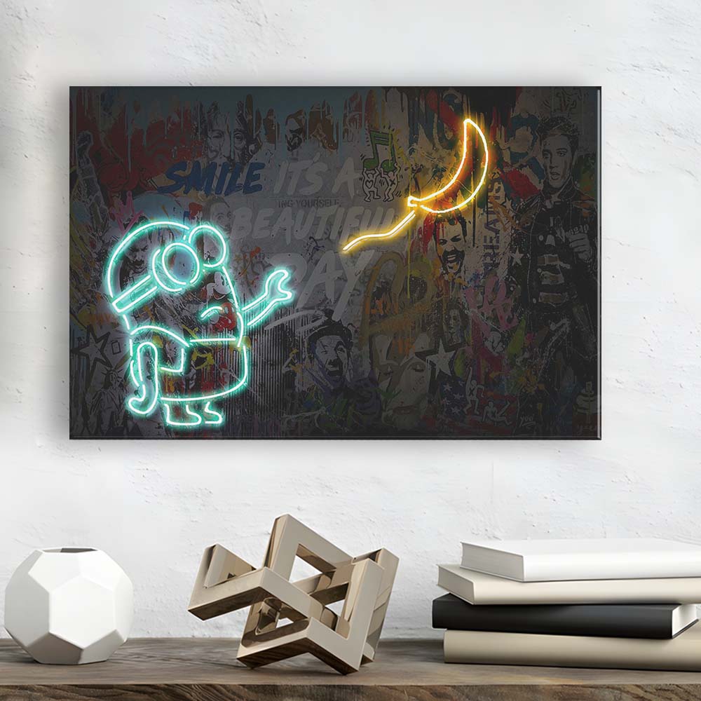Banksy Minion Banana Art Print, Canvas Print Wall Art, Wall Decor, Neon Effect Art