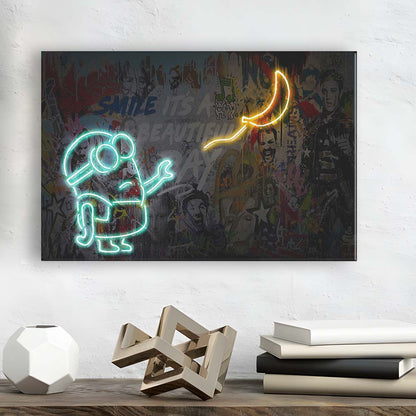Banksy Minion Banana Art Print, Canvas Print Wall Art, Wall Decor, Neon Effect Art