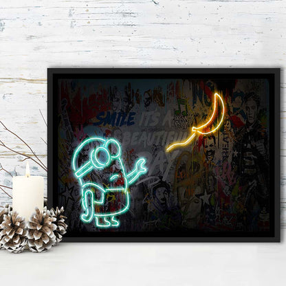 Banksy Minion Banana Art Print, Framed Canvas Print Wall Art Decor, Floating Frame, Neon Effect Art