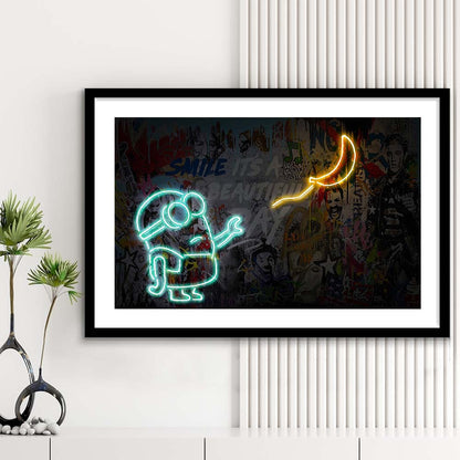 Banksy Minion Banana Art Print, Framed Art Print Wall Decor, White Border, Framed Picture