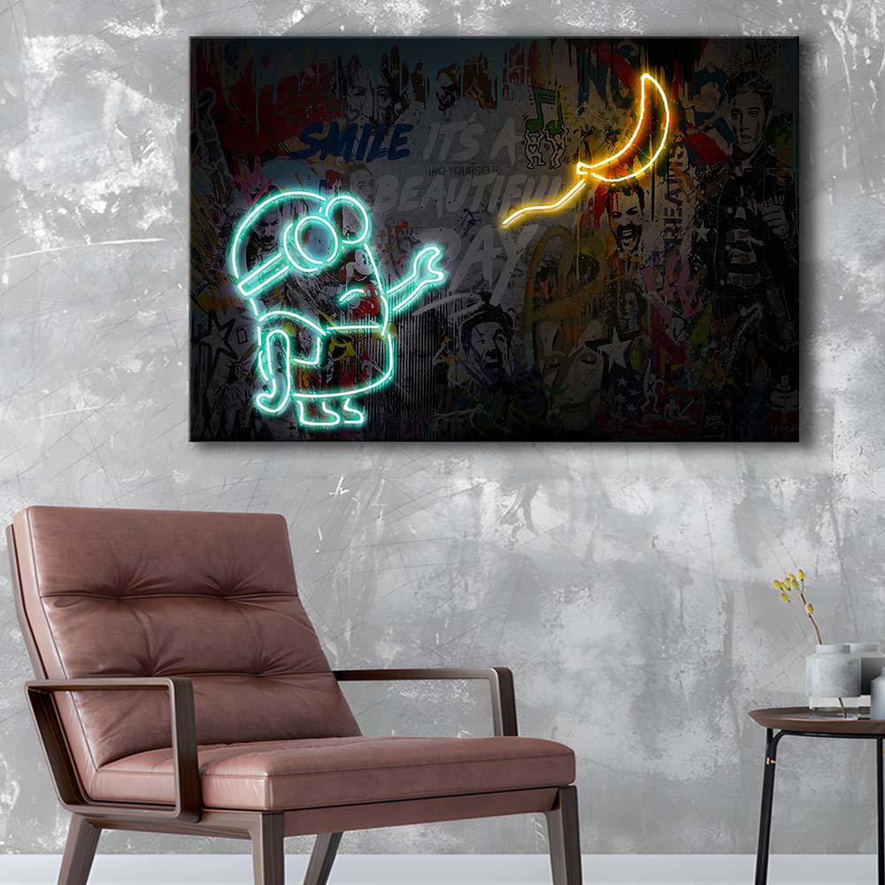 Banksy Minion Banana Art Print, Canvas Print Wall Art, Wall Decor, Neon Effect Art