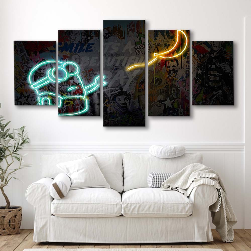 Banksy Minion Banana Art Print, 5 Panel Mixed Canvas Print Wall Art, Home Decor, Neon Canvas