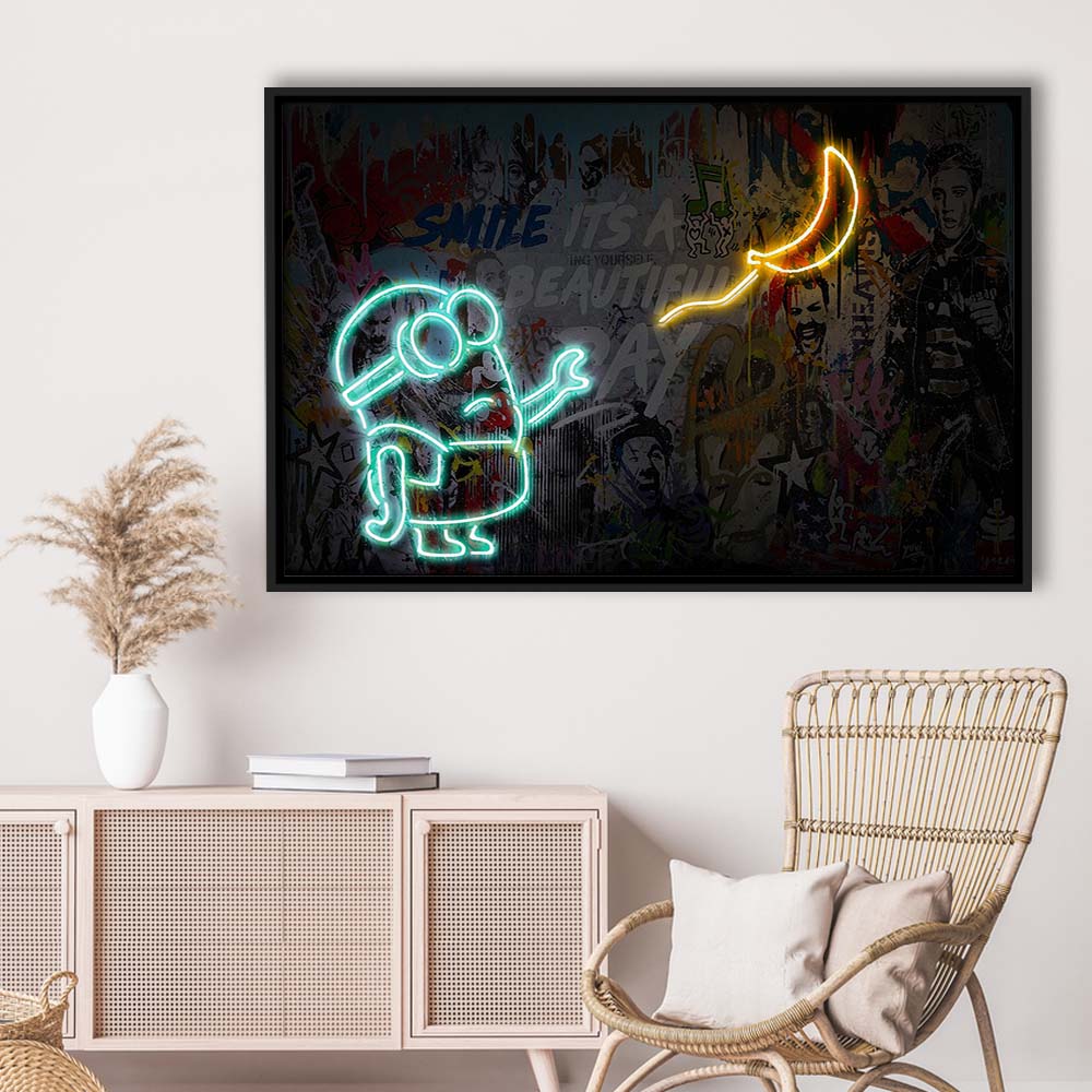 Banksy Minion Banana Art Print, Framed Canvas Print Wall Art Decor, Floating Frame, Neon Effect Art
