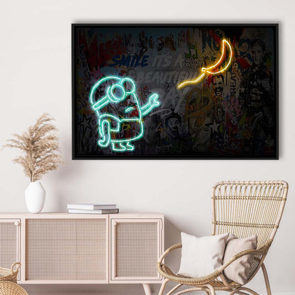 Banksy Minion Banana Art Print, Framed Canvas Print Wall Art Decor, Floating Frame, Neon Effect Art