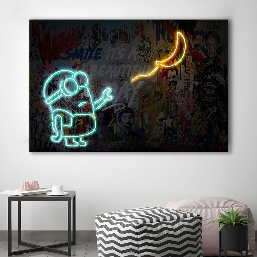Banksy Minion Banana Art Print, Canvas Print Wall Art, Wall Decor, Neon Effect Art