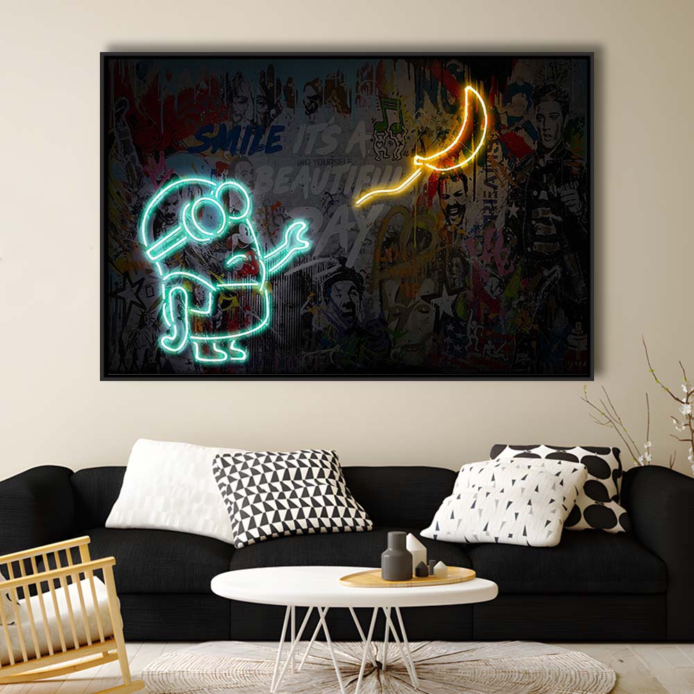 Banksy Minion Banana Art Print, Framed Canvas Print Wall Art Decor, Floating Frame, Neon Effect Art