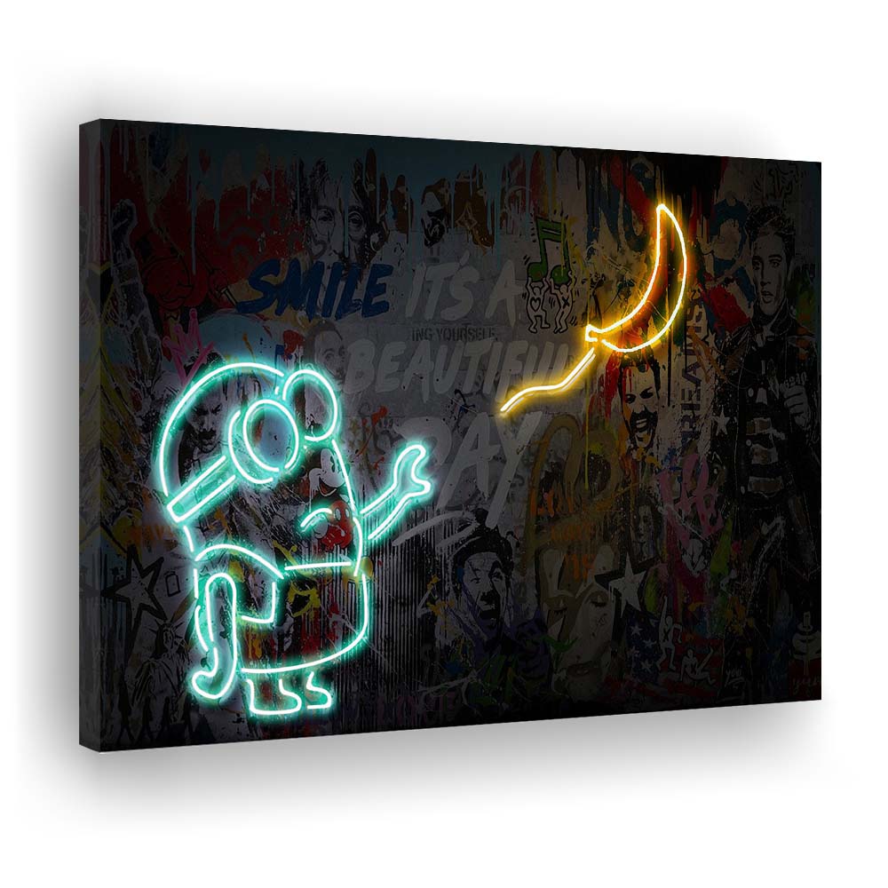 Banksy Minion Banana Art Print, Canvas Print Wall Art, Wall Decor, Neon Effect Art