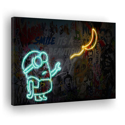 Banksy Minion Banana Art Print, Canvas Print Wall Art, Wall Decor, Neon Effect Art