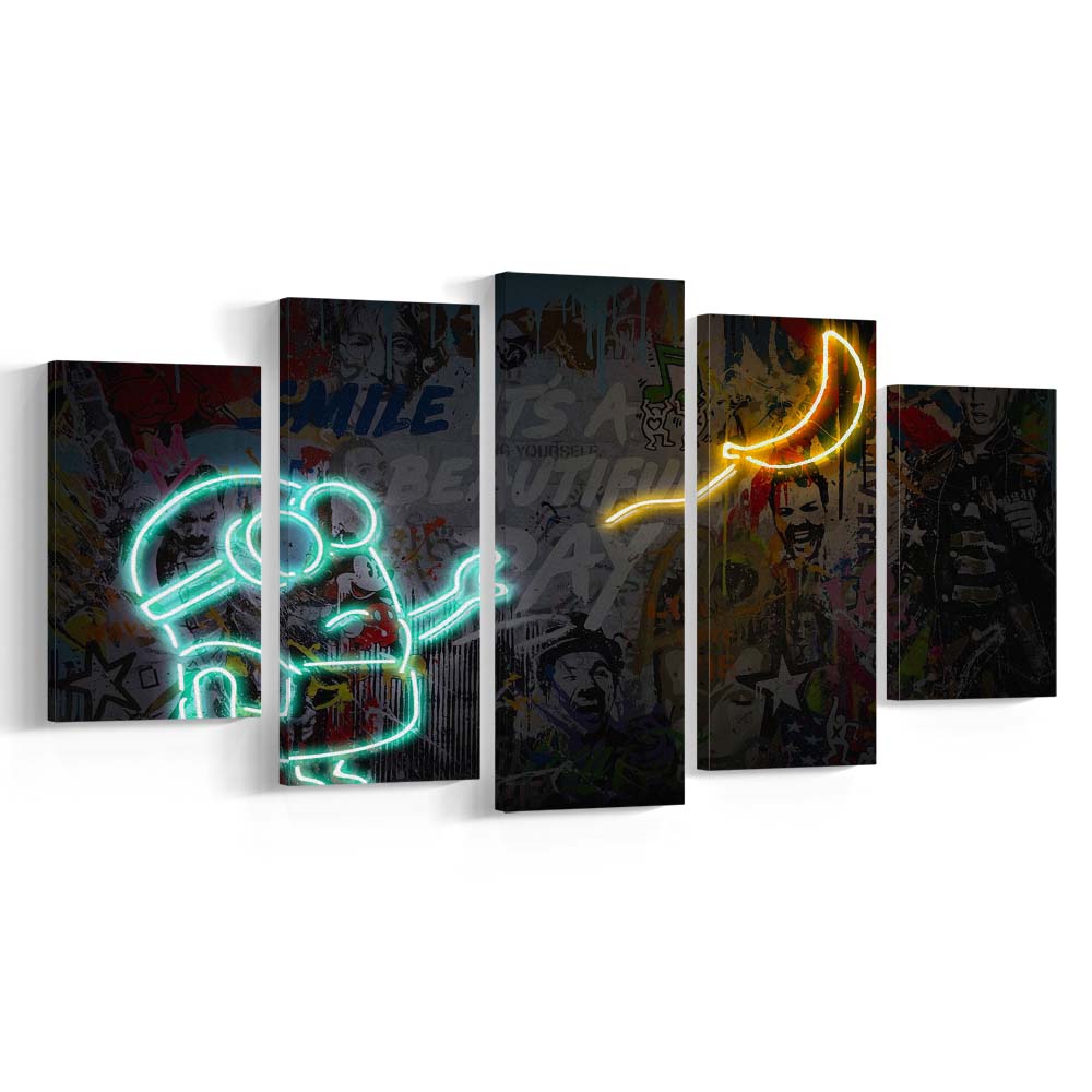 Banksy Minion Banana Art Print, 5 Panel Mixed Canvas Print Wall Art, Home Decor, Neon Canvas