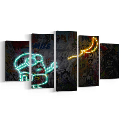 Banksy Minion Banana Art Print, 5 Panel Mixed Canvas Print Wall Art, Home Decor, Neon Canvas