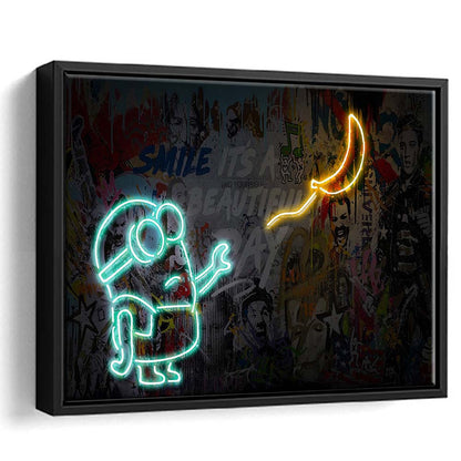 Banksy Minion Banana Art Print, Framed Canvas Print Wall Art Decor, Floating Frame, Neon Effect Art