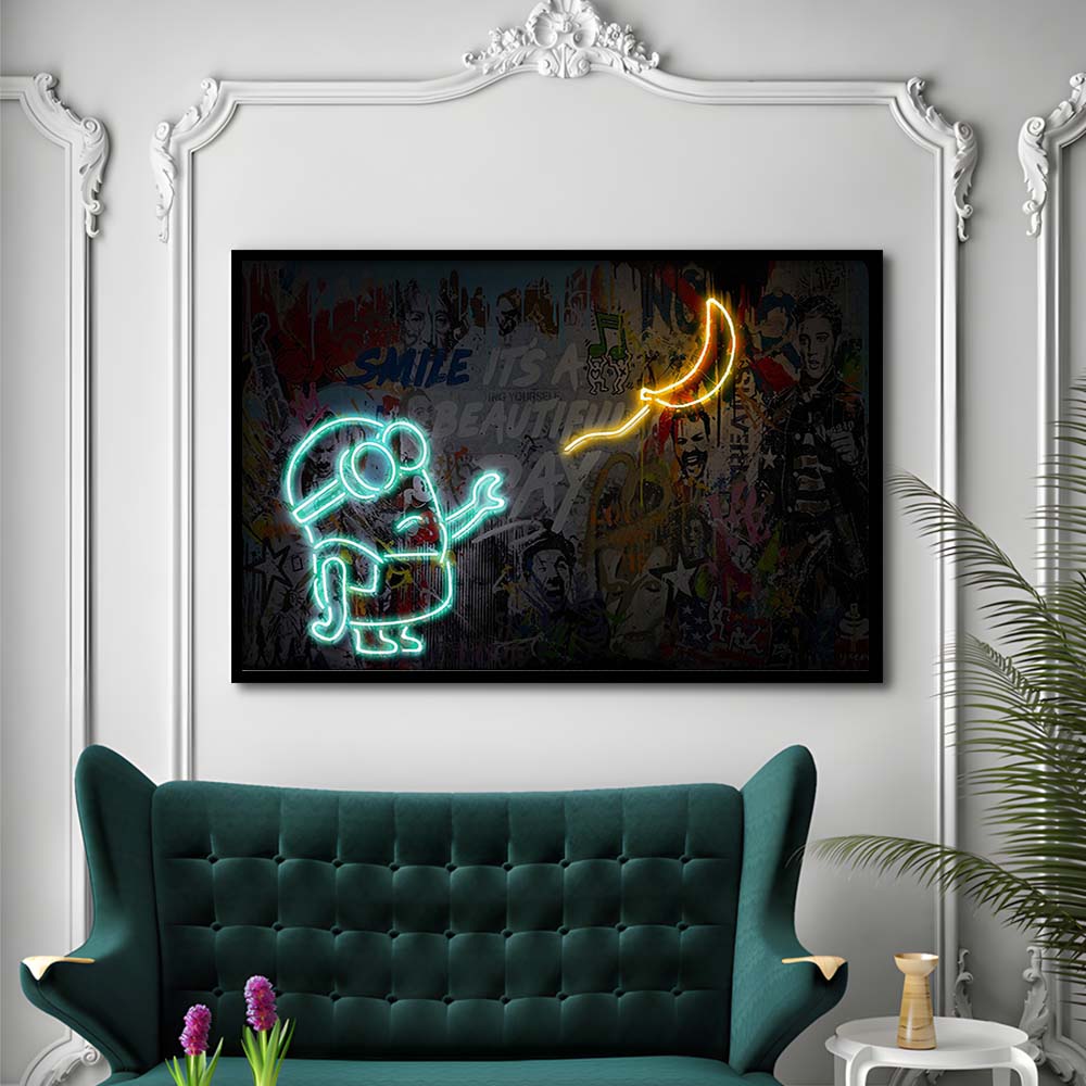 Banksy Minion Banana Art Print, Framed Art Print Wall Decor, Neon Art Print, Picture Framed