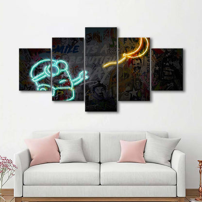 Banksy Minion Banana Art Print, 5 Panel Mixed Canvas Print Wall Art, Home Decor, Neon Canvas