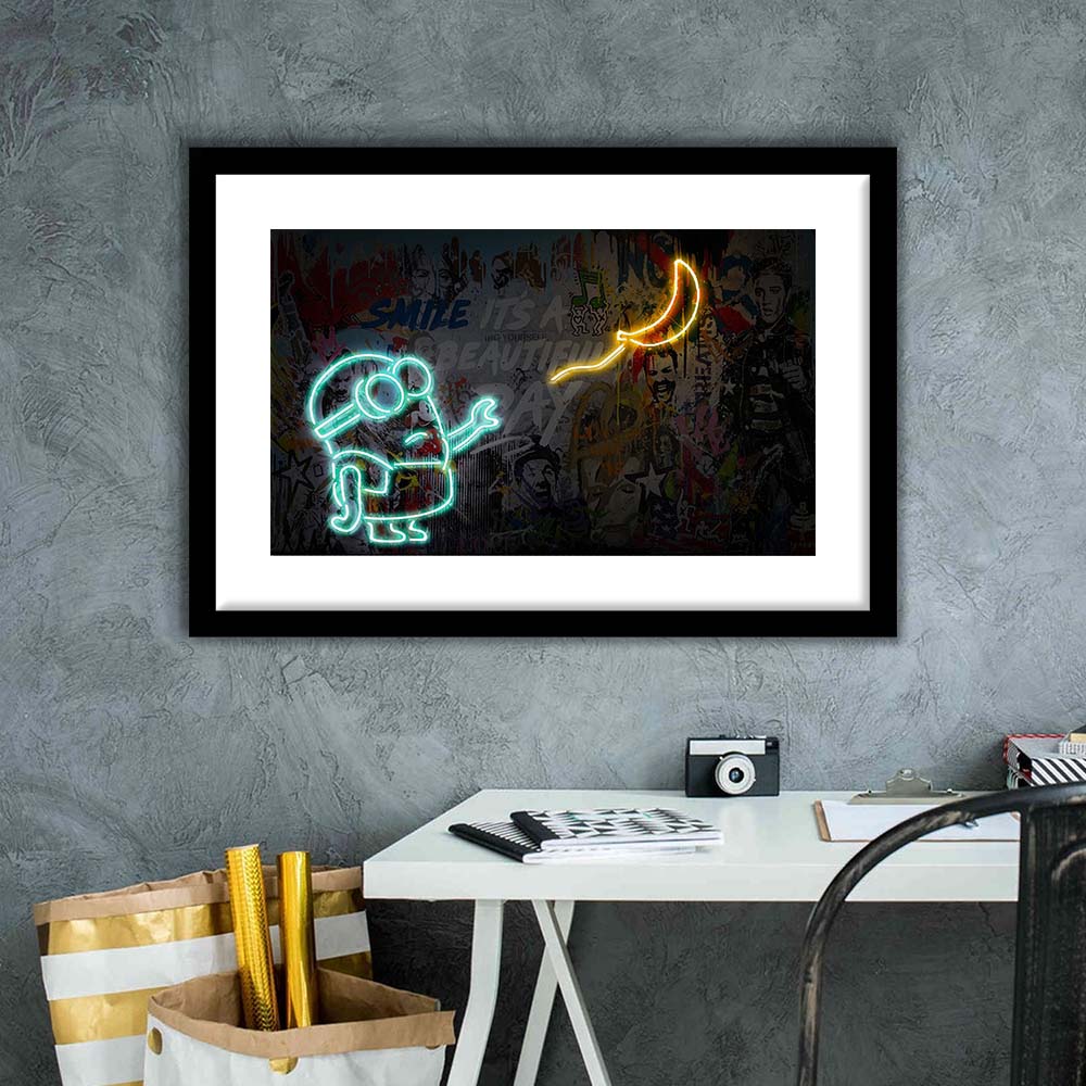 Banksy Minion Banana Art Print, Framed Art Print Wall Decor, White Border, Framed Picture