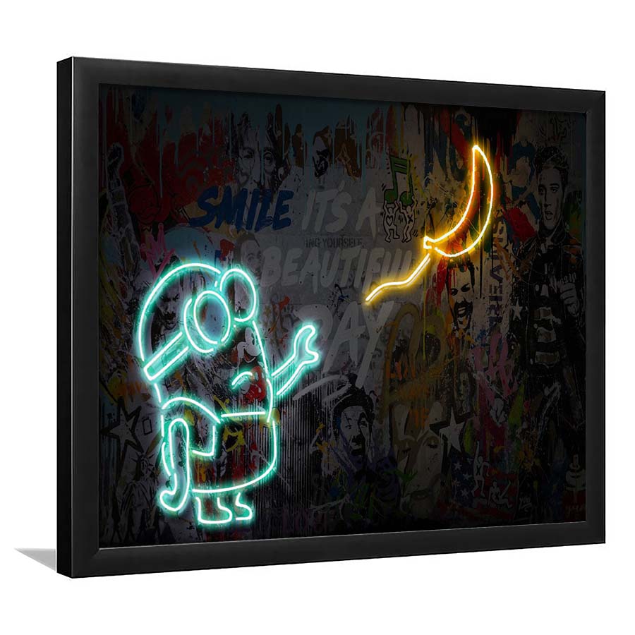 Banksy Minion Banana Art Print, Framed Art Print Wall Decor, Neon Art Print, Picture Framed
