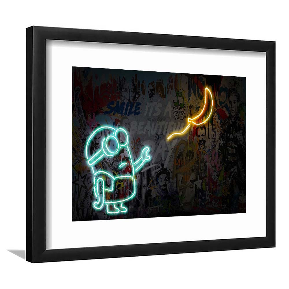 Banksy Minion Banana Art Print, Framed Art Print Wall Decor, White Border, Framed Picture