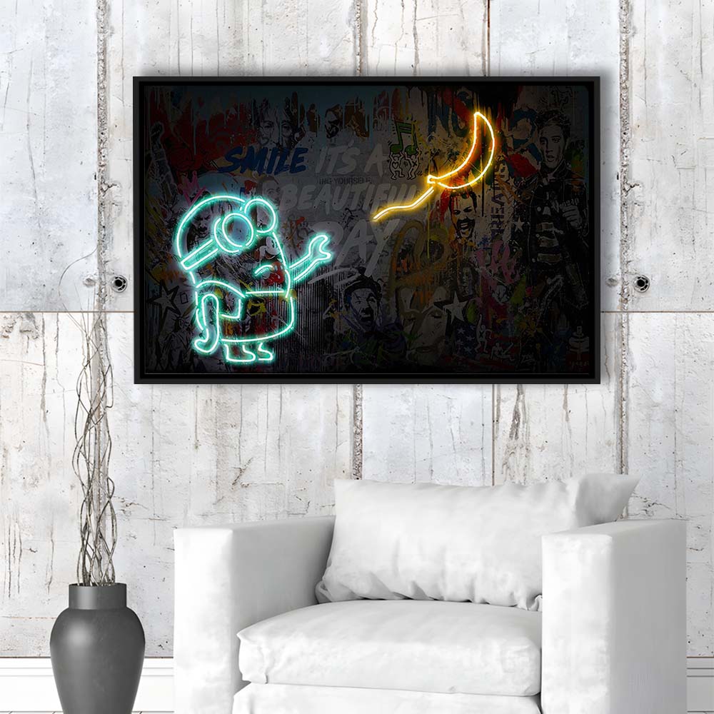Banksy Minion Banana Art Print, Framed Canvas Print Wall Art Decor, Floating Frame, Neon Effect Art