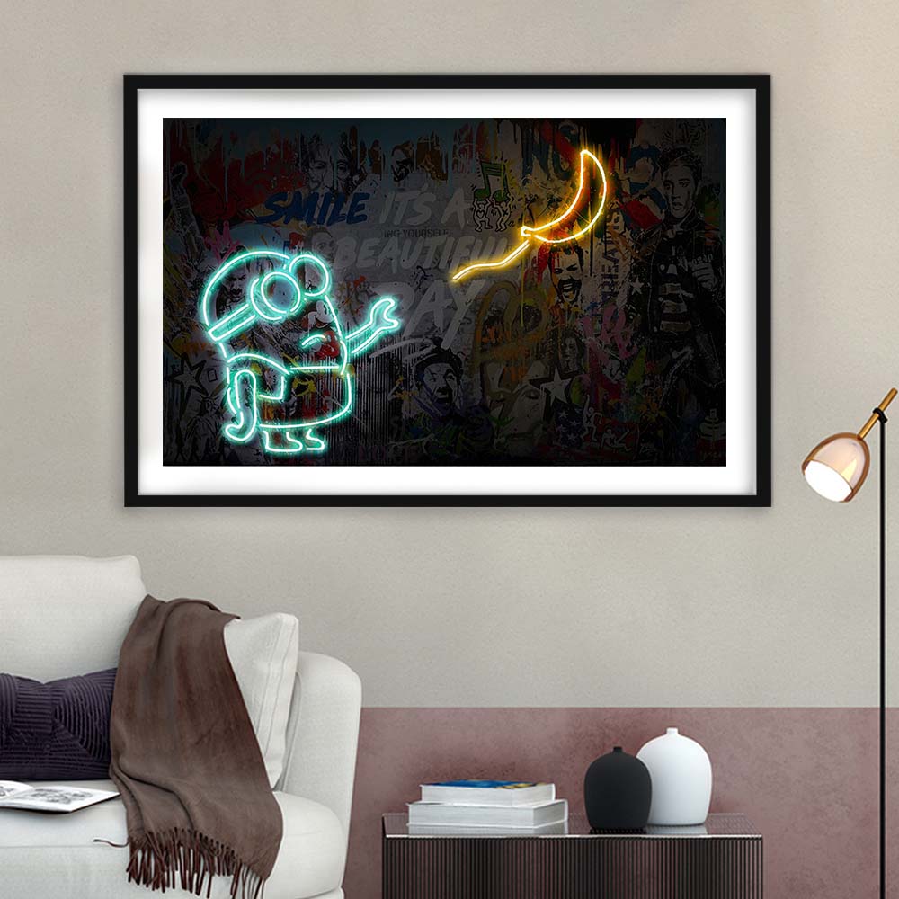 Banksy Minion Banana Art Print, Framed Art Print Wall Decor, White Border, Framed Picture