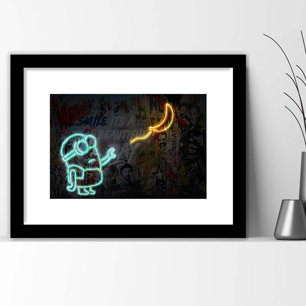Banksy Minion Banana Art Print, Framed Art Print Wall Decor, White Border, Framed Picture