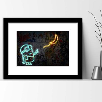 Banksy Minion Banana Art Print, Framed Art Print Wall Decor, White Border, Framed Picture