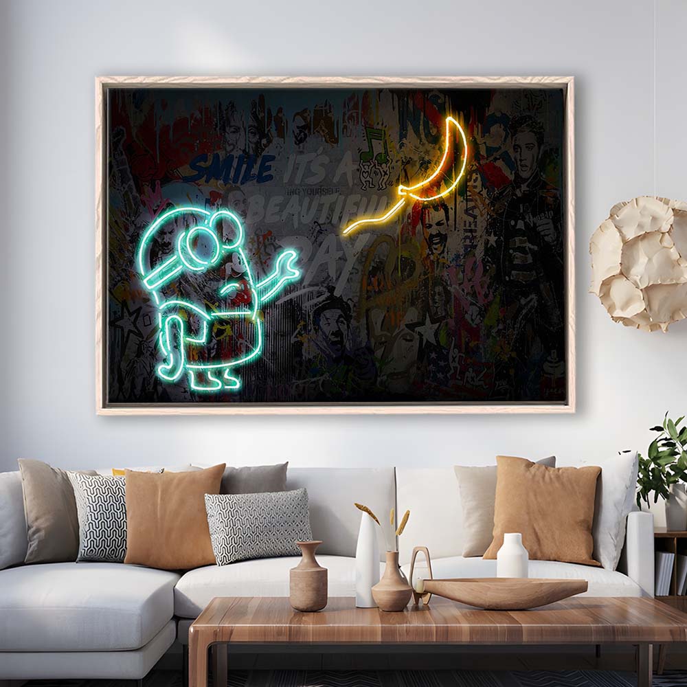 Banksy Minion Banana Art Print, Framed Canvas Print Wall Art Decor, Floating Frame, Neon Effect Art