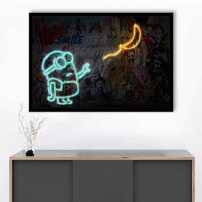 Banksy Minion Banana Art Print, Framed Art Print Wall Decor, Neon Art Print, Picture Framed
