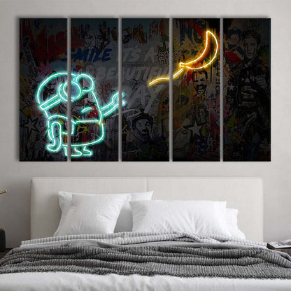 Banksy Minion Banana Art Print, Extra Large 5 Panels Multi Canvas Print Wall Art, Home Decor