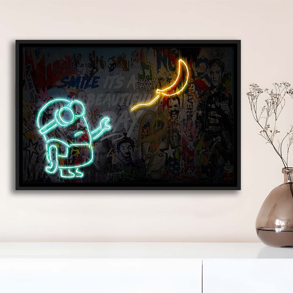 Banksy Minion Banana Art Print, Framed Canvas Print Wall Art Decor, Floating Frame, Neon Effect Art