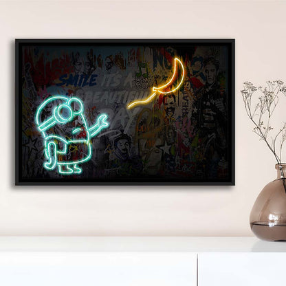 Banksy Minion Banana Art Print, Framed Canvas Print Wall Art Decor, Floating Frame, Neon Effect Art