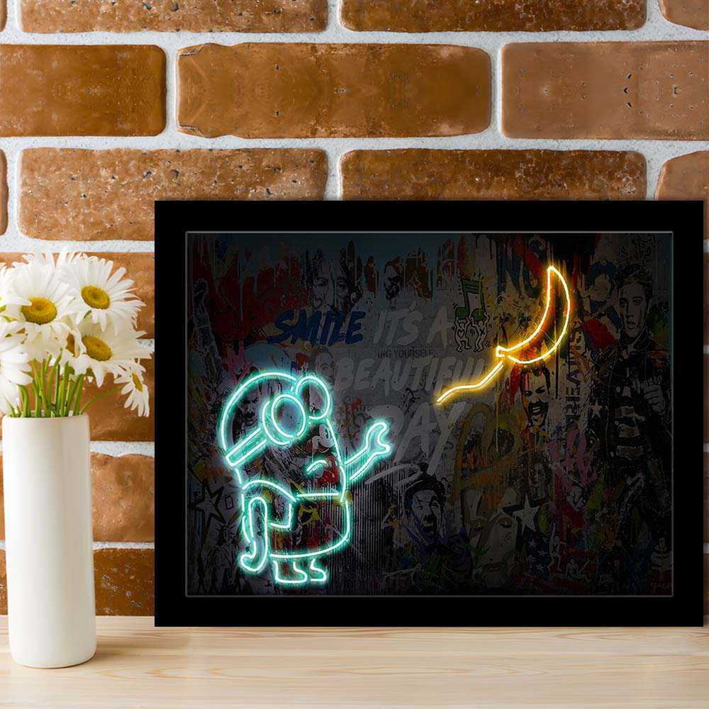 Banksy Minion Banana Art Print, Framed Art Print Wall Decor, Neon Art Print, Picture Framed