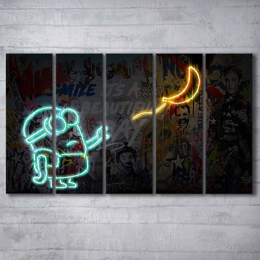 Banksy Minion Banana Art Print, Extra Large 5 Panels Multi Canvas Print Wall Art, Home Decor