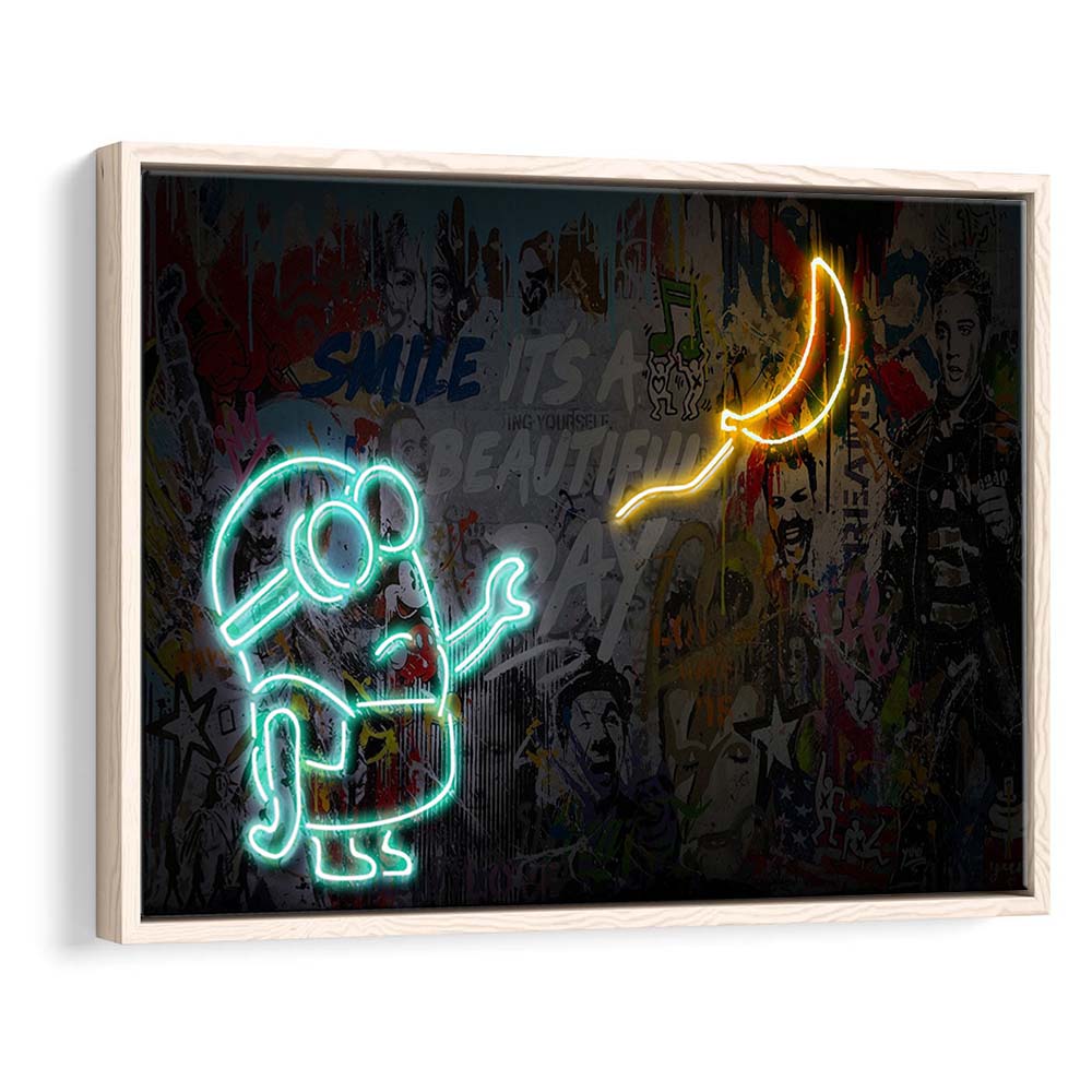 Banksy Minion Banana Art Print, Framed Canvas Print Wall Art Decor, Floating Frame, Neon Effect Art