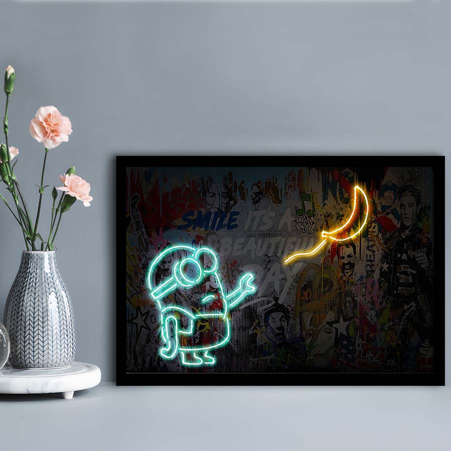 Banksy Minion Banana Art Print, Framed Art Print Wall Decor, Neon Art Print, Picture Framed