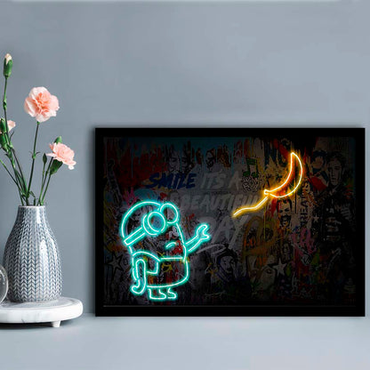 Banksy Minion Banana Art Print, Framed Art Print Wall Decor, Neon Art Print, Picture Framed