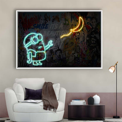 Banksy Minion Banana Art Print, Framed Canvas Print Wall Art Decor, Floating Frame, Neon Effect Art