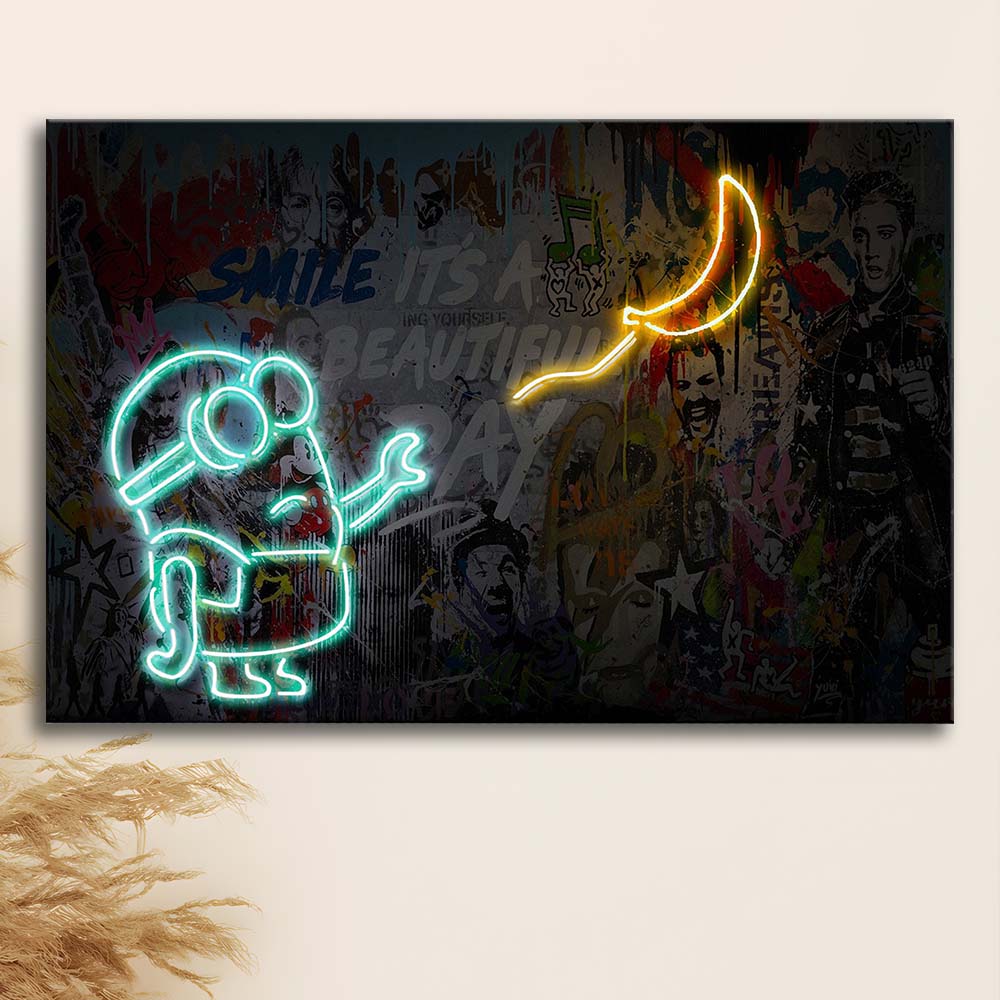Banksy Minion Banana Art Print, Canvas Print Wall Art, Wall Decor, Neon Effect Art
