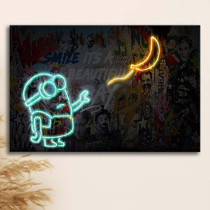 Banksy Minion Banana Art Print, Canvas Print Wall Art, Wall Decor, Neon Effect Art