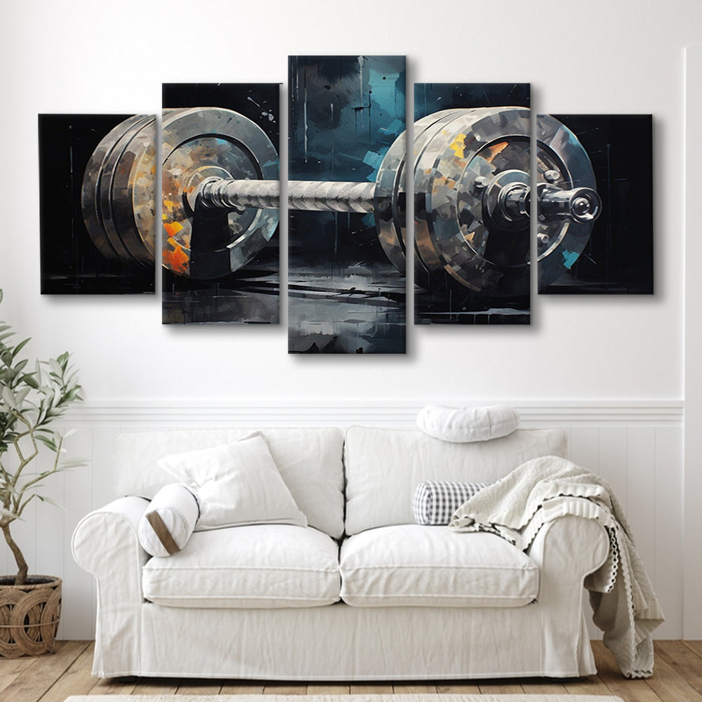 Barbell Graffiti Painting Canvas Print, Gym, Motivational Fitness Sports, 5 Panel Mixed Canvas Print Wall Art, Large Canvas
