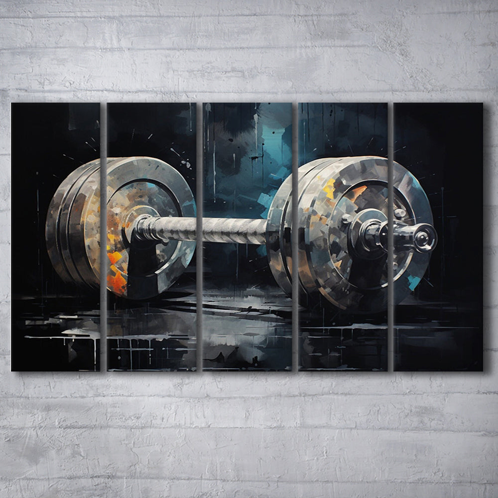 Barbell Graffiti Painting Canvas Print, Gym, Motivational Fitness Sports, 5 Panel B Canvas Print Wall Art, Extra Large Canvas
