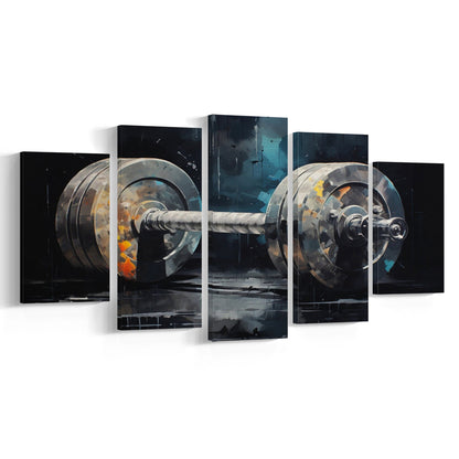 Barbell Graffiti Painting Canvas Print, Gym, Motivational Fitness Sports, 5 Panel Mixed Canvas Print Wall Art, Large Canvas
