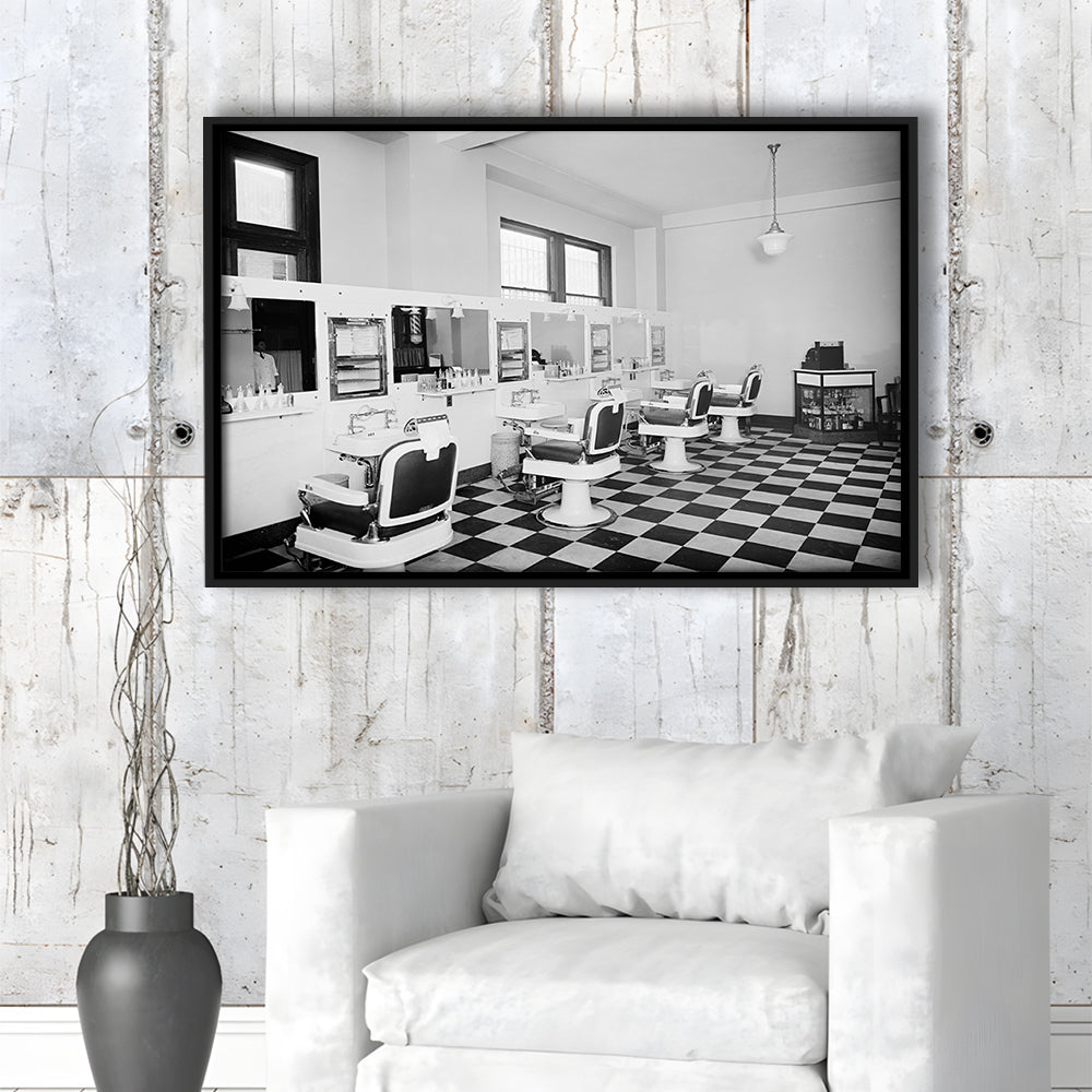Barbershop & Hair Salon Black and White Art Retro Photography, Floating Framed Canvas Print