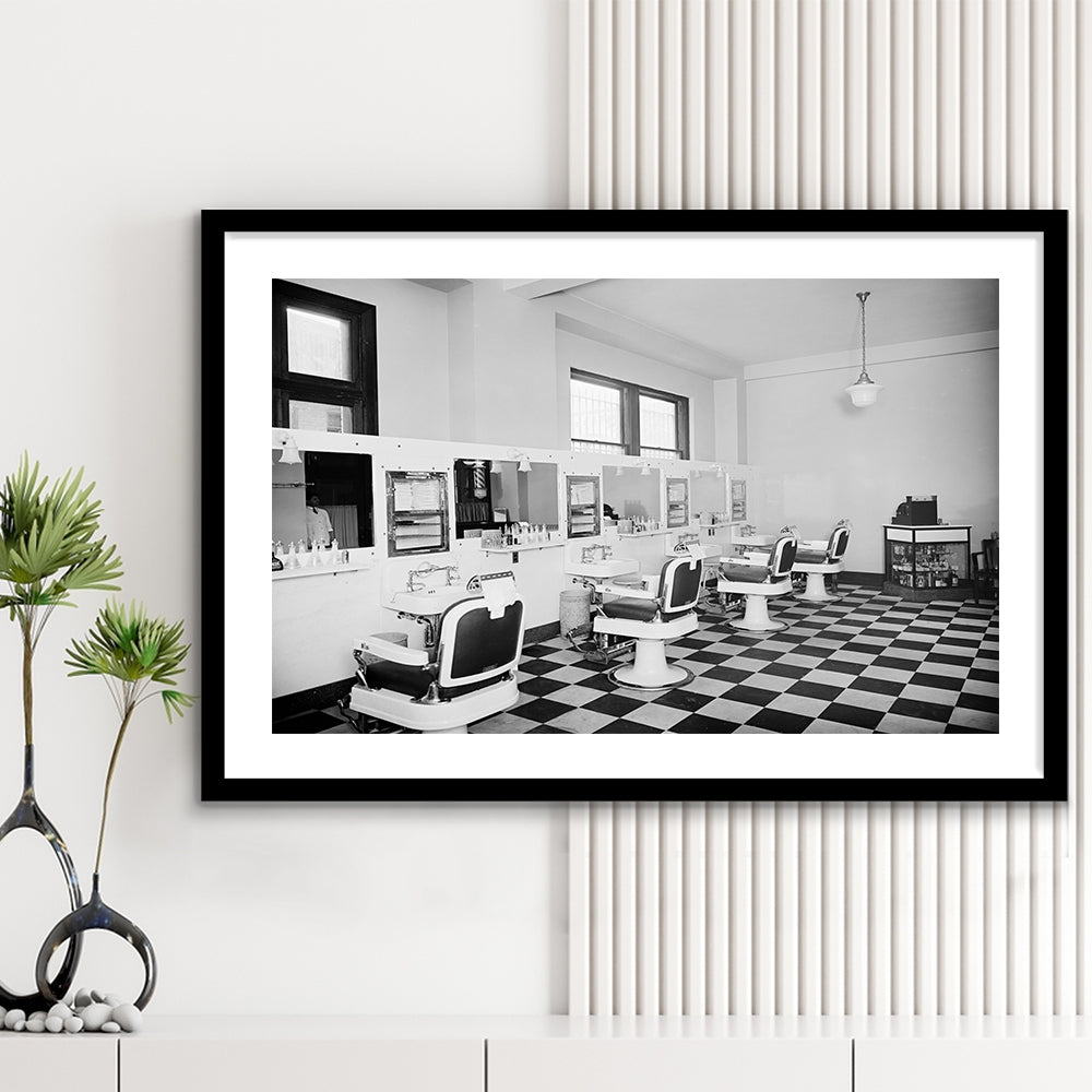 Barbershop & Hair Salon Black and White Art Retro Photography, Framed Art Print White Border Wall Decor